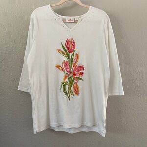 Quacker Factory White Tulip Top Large Wearable Art to Wear Artsy Rhinestone